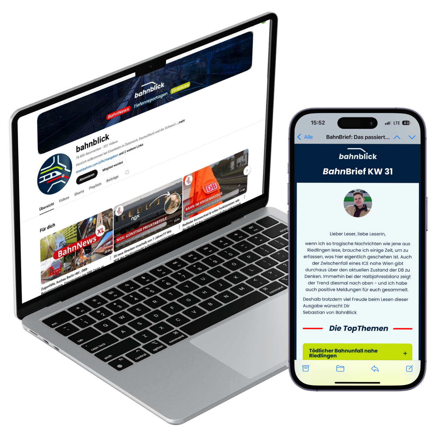Mockup eines Laptops und eines Smartphones mit dem bahnblick YouTube-Kanal und dem BahnBrief Newsletter